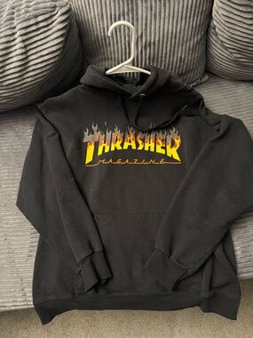 Thrasher Black Hoodie with Yellow-Orange Flame Logo